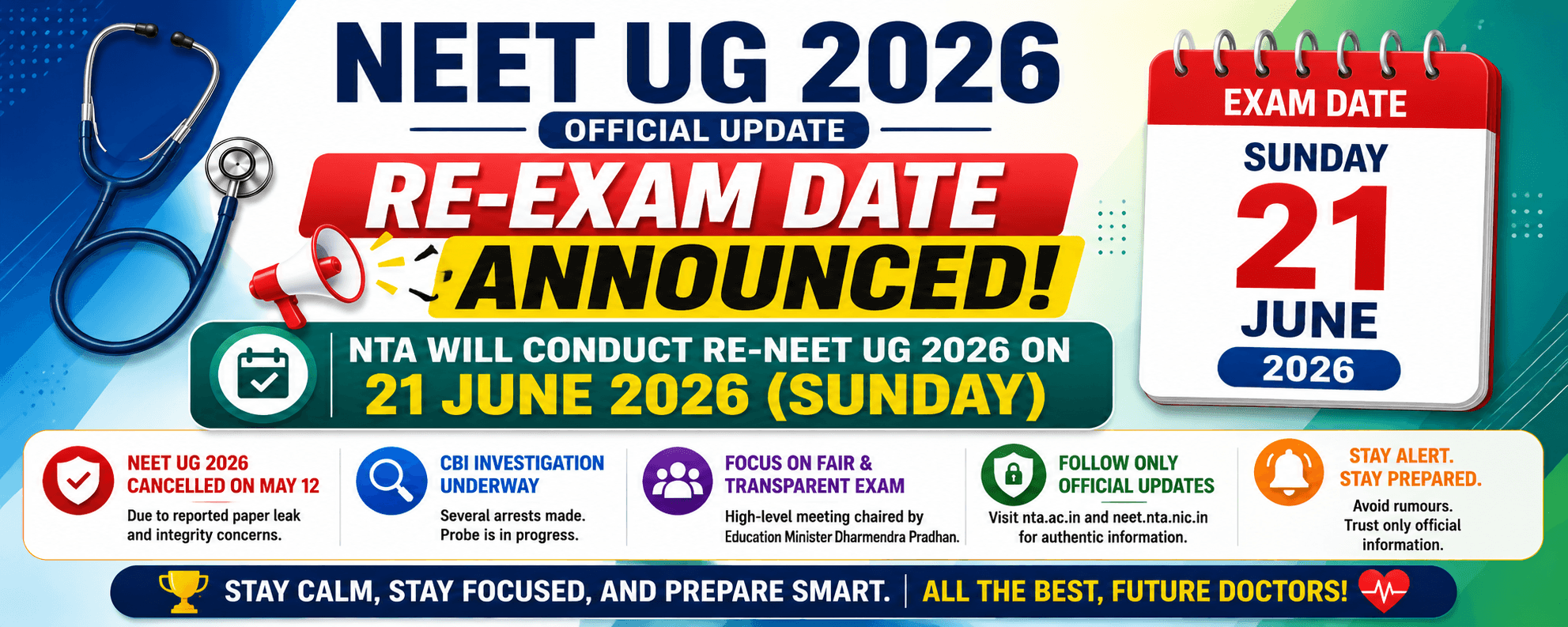 NEET UG 2026 റീ-എക്സാം തീയതി പ്രഖ്യാപിച്ചു: പേപ്പർ ലീക്ക് വിവാദത്തിന് പിന്നാലെ ജൂൺ 21ന് വീണ്ടും പരീക്ഷ