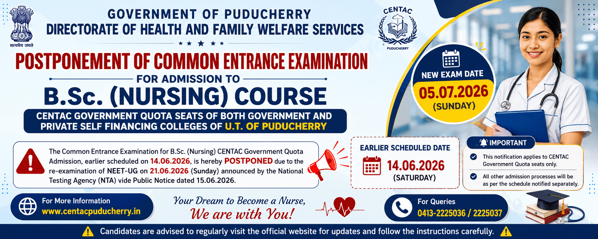 Puducherry B.Sc Nursing Entrance Exam 2026 Postponed – New Exam Date Announced